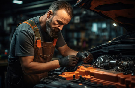 repair shop mechanic fixing the cars engine.の素材