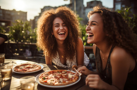 three young women having a slice of pizza at an outdoor dining table.の素材