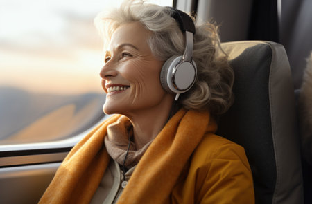 senior woman listening to music on train.の素材