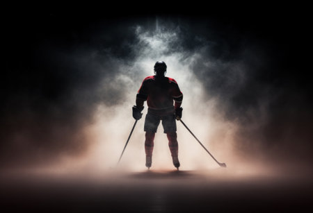 silhouette of a hockey player silhouette is shown against a blue background.の素材