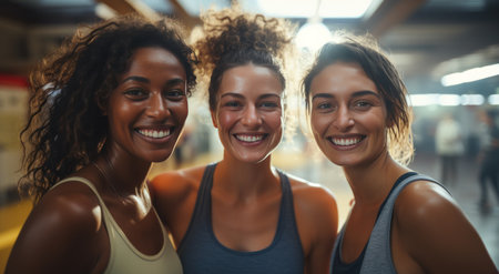 three friends smiling for a photo at a gym.の素材