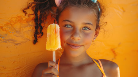 A charming young girl in a summer swimsuit holds a delightful fruit ice pop against an orange background.の素材