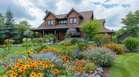 A beautifully maintained house and garden showing vibrant annual and perennial gardens in full bloom.の素材