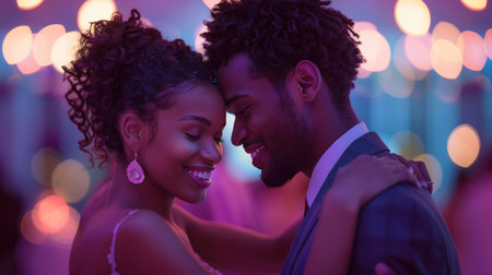 A joyful young couple dancing at a lively party. A handsome young man and woman delighting in dancing.の素材