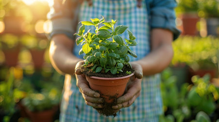 A gardener holding a potted plant in the garden.の素材