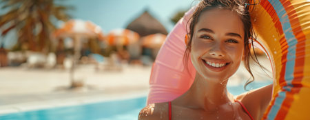 A joyful, lively, and attractive young woman with a slim figure is wearing a striped red and blue one-piece swimsuit.の素材