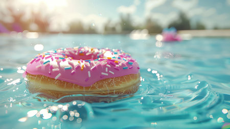 A trendy donut float lands gently on the sparkling clear pool water under the bright sun.の素材