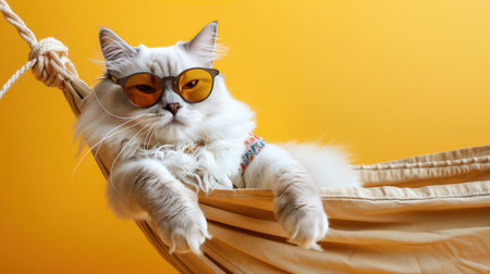 Cute cat with sunglasses relaxing in hammock on yellow background.の素材