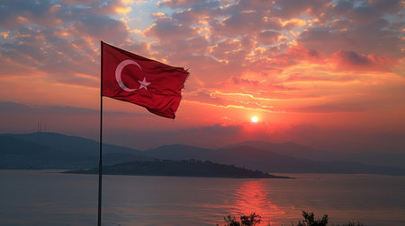 A Turkish national flag is displayed on a pole outdoors.の素材