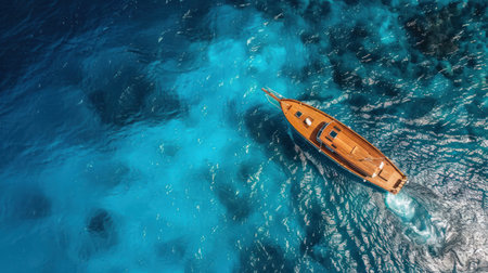 A classic wooden boat sailing in the tranquil waters of the Coral Sea, captured from above by a drone.の素材