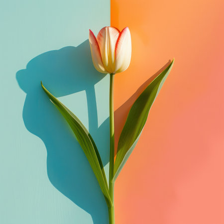 A tulip flower attached to a vibrant backdrop. Embracing a minimalistic concept.の素材