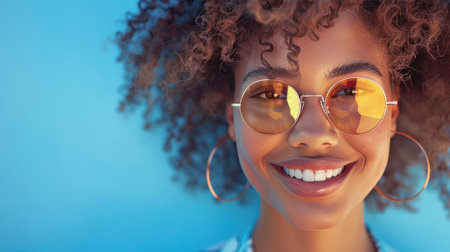 A close-up photograph of a fashionable young woman wearing sunglasses, smiling in front of a blue background.の素材
