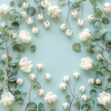 Cotton Flowers and Eucalyptus Branches Arranged on a Pastel Blue Background.の素材