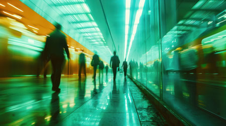 Businesspeople are moving through the corridor of a business center, creating a distinct motion blur effect.の素材