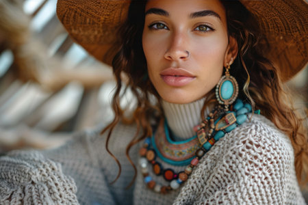 Bohemian jewelry showcased on a model. featuring ethnic stone rings and earrings.の素材