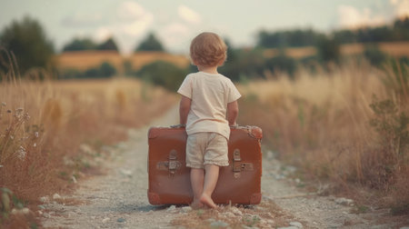 Child carrying a retro suitcase on a summer vacation. Emphasizing the concept of travel and adventure..の素材