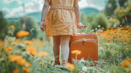 Child carrying a retro suitcase on a summer vacation. Emphasizing the concept of travel and adventure..の素材