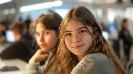 two focused girls posing for the camera in a workspace, with schoolboys in the background.の素材