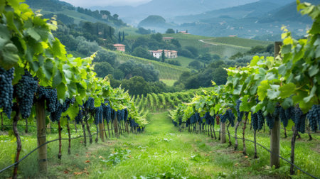 Gorgeous rows of grapes plants during the summer.の素材