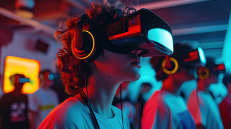 tudents wearing VR headsets, exploring a virtual world that brings their lessons to life.の素材