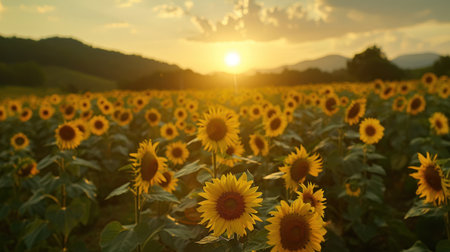 Scenic view of expansive agricultural field filled with vibrant yellow sunflowers in a summer.の素材