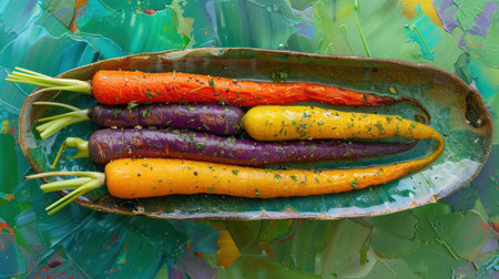 Rainbow roasted carrots with herbs displayed on a plate against a vibrant green backdrop.の素材