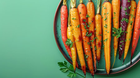 Rainbow roasted carrots with herbs displayed on a plate against a vibrant green backdrop.の素材