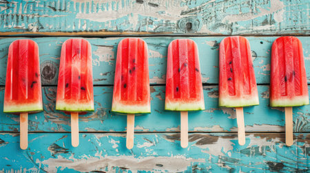 Watermelon slice popsicles displayed on a rustic blue wood background.の素材