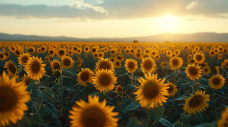 Scenic view of expansive agricultural field filled with vibrant yellow sunflowers in a summer.の素材