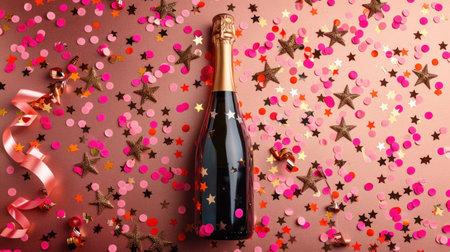 A champagne bottle surrounded by confetti stars and party streamers on a festive gold background.の素材