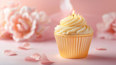 A top gold candle on a cupcake set against a soft pastel pink backdrop.の素材
