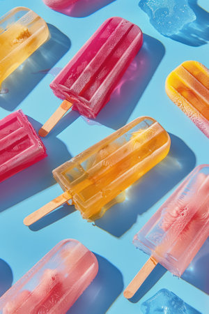 Vibrant ice cream against a pastel blue backdrop.の素材