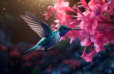 a blue bird flying among red and white flowers.の素材