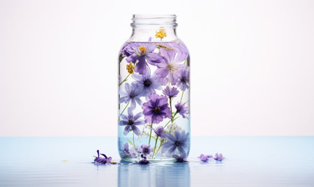 a glass jar of lila flowers.の素材