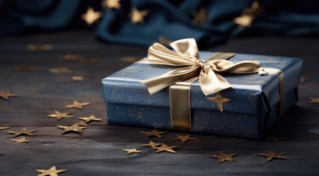 a blue gift box with gold stars on a dark background.の素材