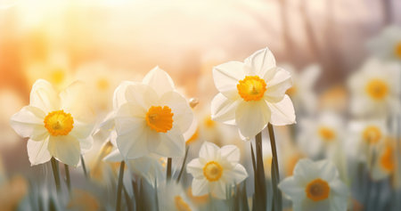 a closeup image of some colored daffodils under a flower.の素材