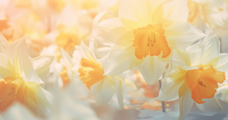 a closeup image of some colored daffodils under a flower.の素材