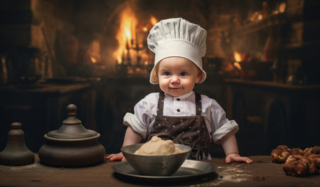 a baby wearing a chef's hat is standing in the kitchen photo.の素材