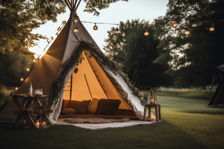 a tipi tent sitting on grass filled with tree branches.の素材