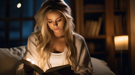 A pretty adult girl reads book reflects on life in aesthetic.の素材