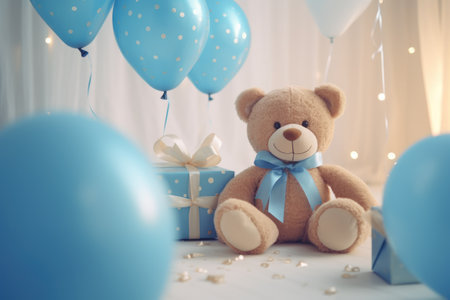 blue balloons, a bear and presents.の素材