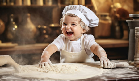 baby boy chef smiling making pizza dough in kitchen bakery.の素材