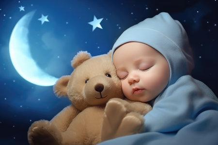 baby sleeping with a bear sleeping with stars.の素材
