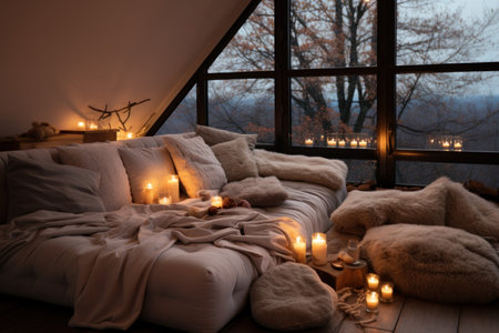 Cozy winter aesthetics, soft blankets, warm lights, creating an inviting and snug atmosphere.の素材