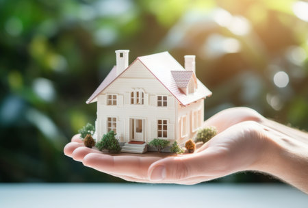 hand holds a house that is white in color.の素材
