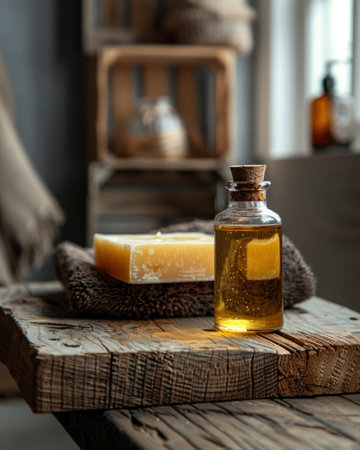 a bottle with oil and soap on a wooden table.の素材