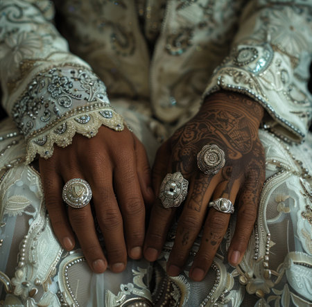 a bride and groom with their wedding rings on their hands.の素材