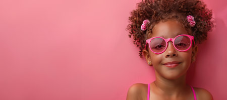 A girl wearing a pink swimsuit against a pink background.の素材