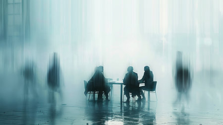 A group of people meeting around a table in a softly blurred setting.の素材