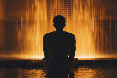 A silhouette of a person with their back against a towel in a sauna.の素材